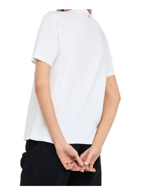 T-shirt bianca realizzata in cotone stretch con perle e strass applicati, colore bianco LIU JO | CF5072-JS08811111